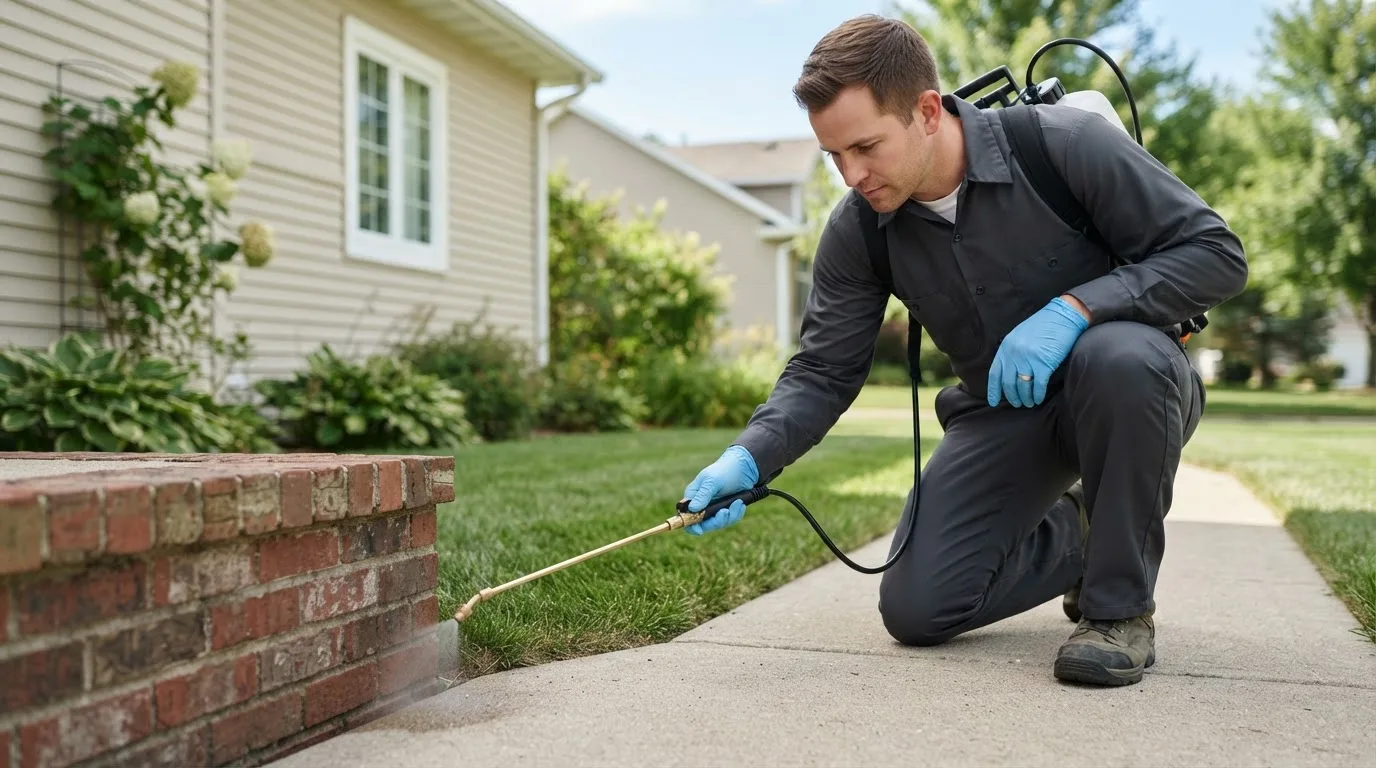 Pest control technician treating a home near East Pembroke, NY